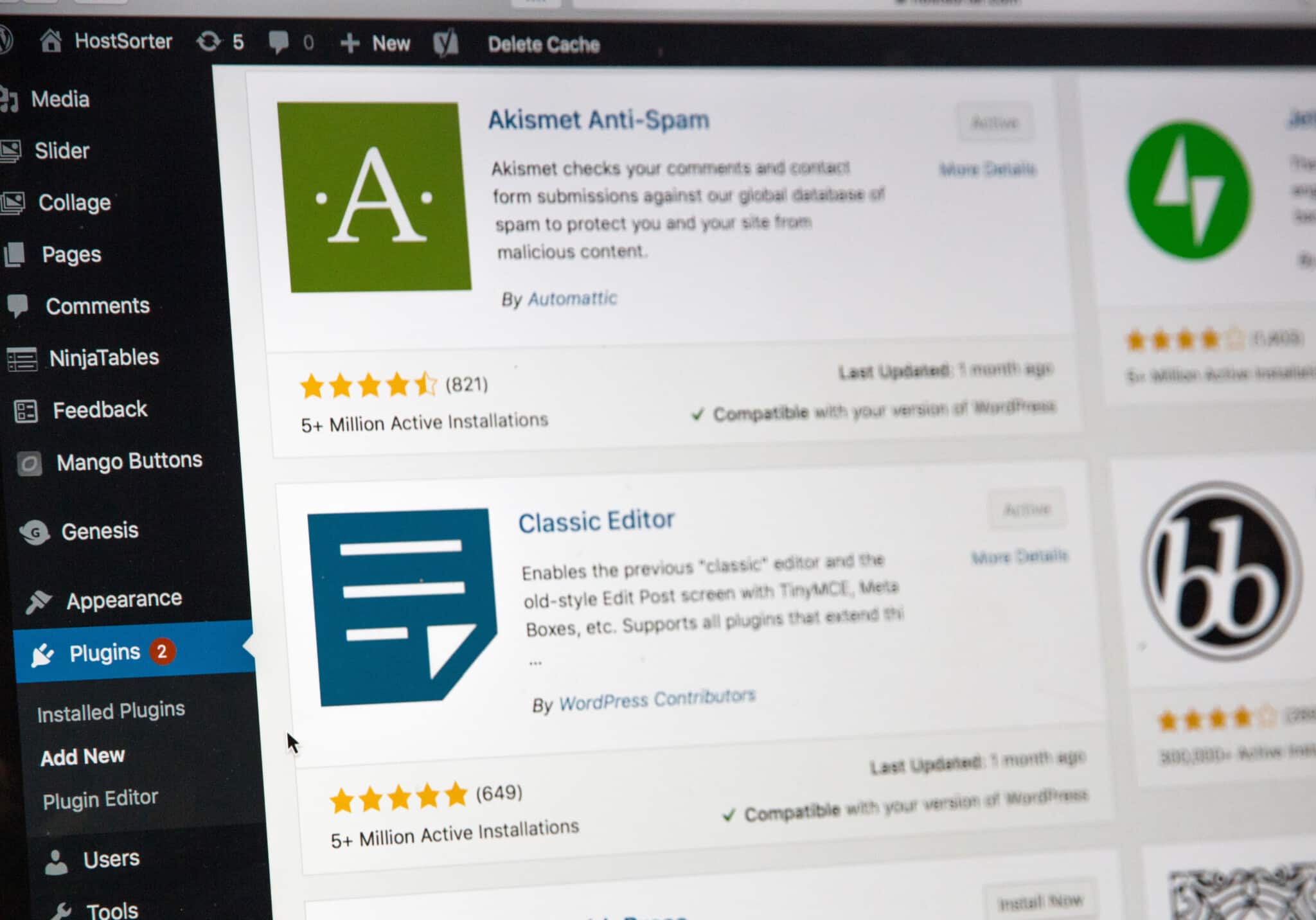 WordPress dashboard showing various WordPress plug-in options for websites.