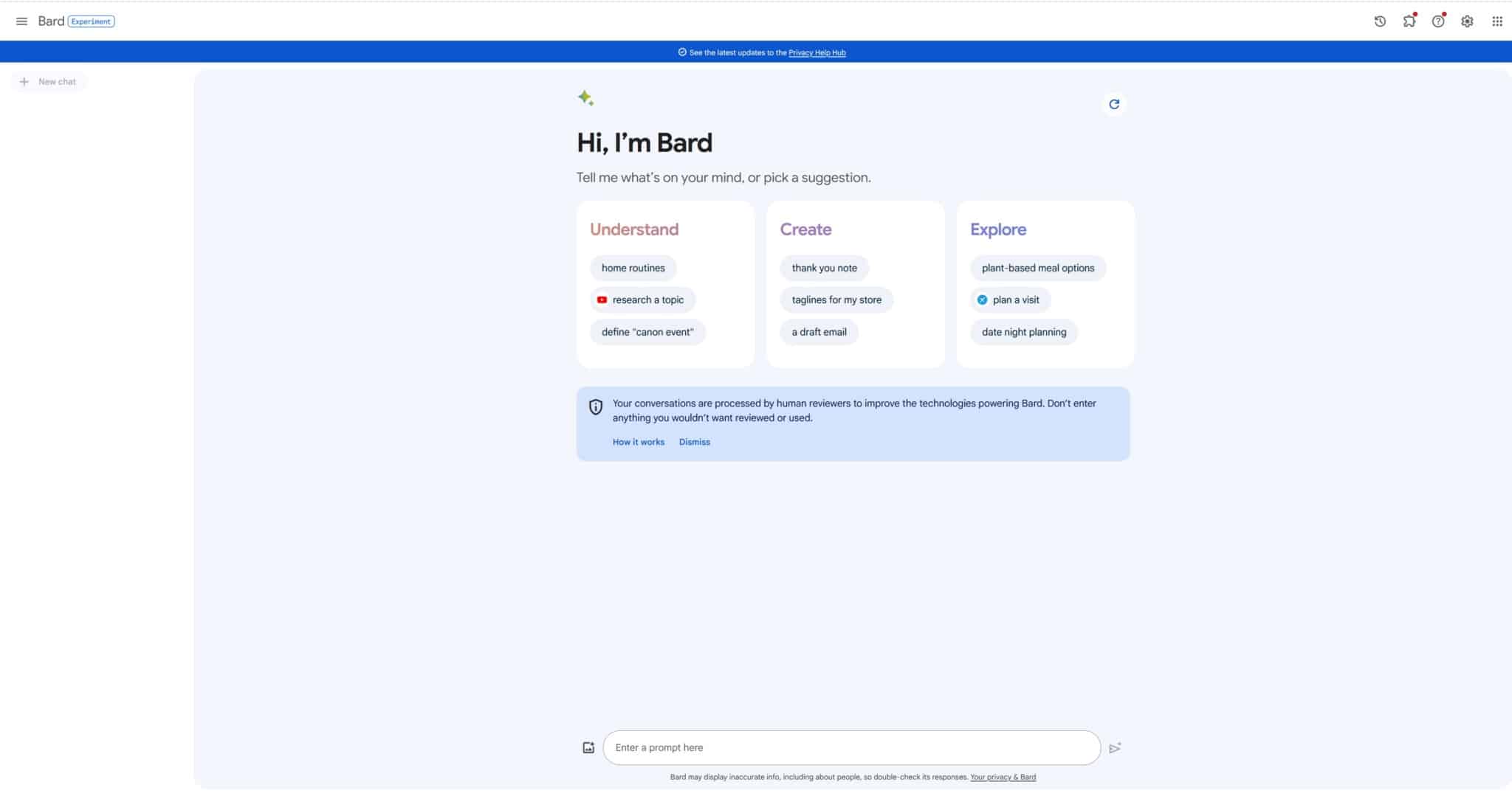 Bard search page with Understand, Create, and Explore options.