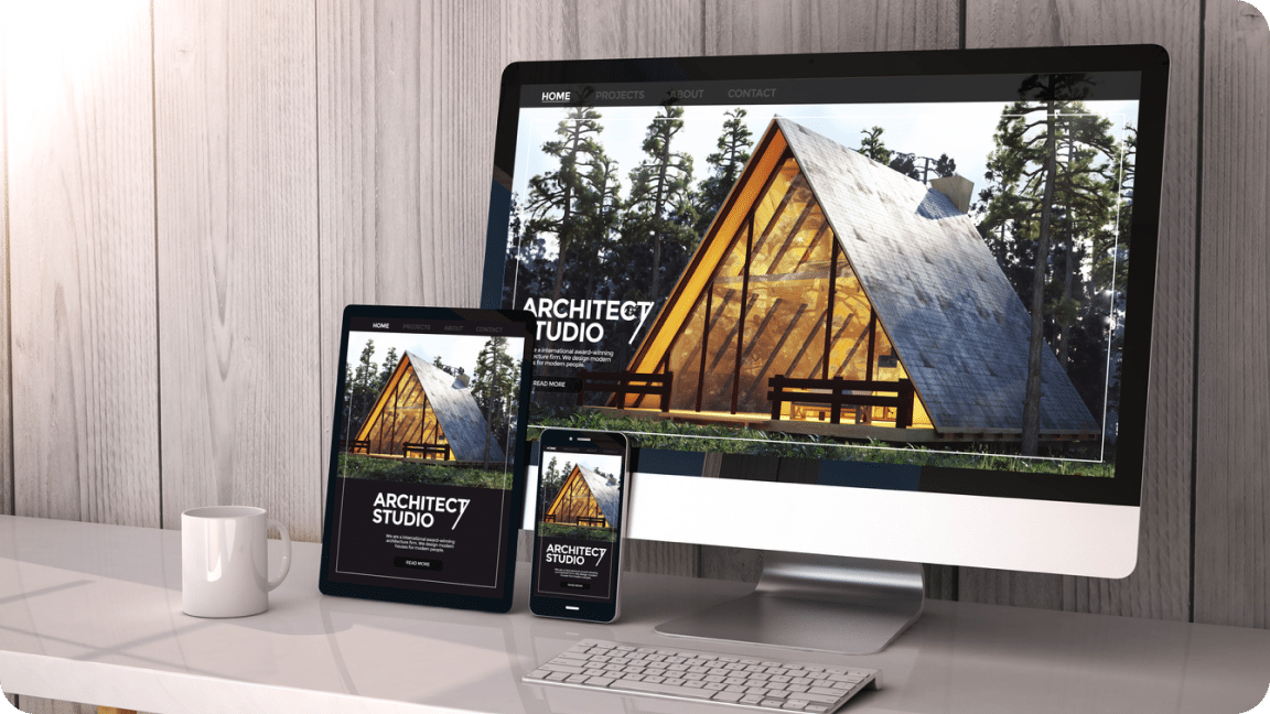 Website homepage with a house apparent shown on desktop, tablet, and mobile views.