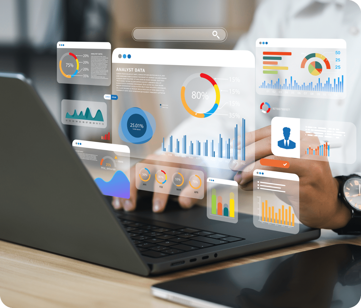 Holographic charts and metric reporting icons over an open laptop.
