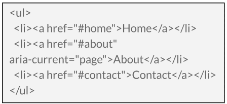 Example of aria-current for an About link showing it is the current page in the navigation menu.