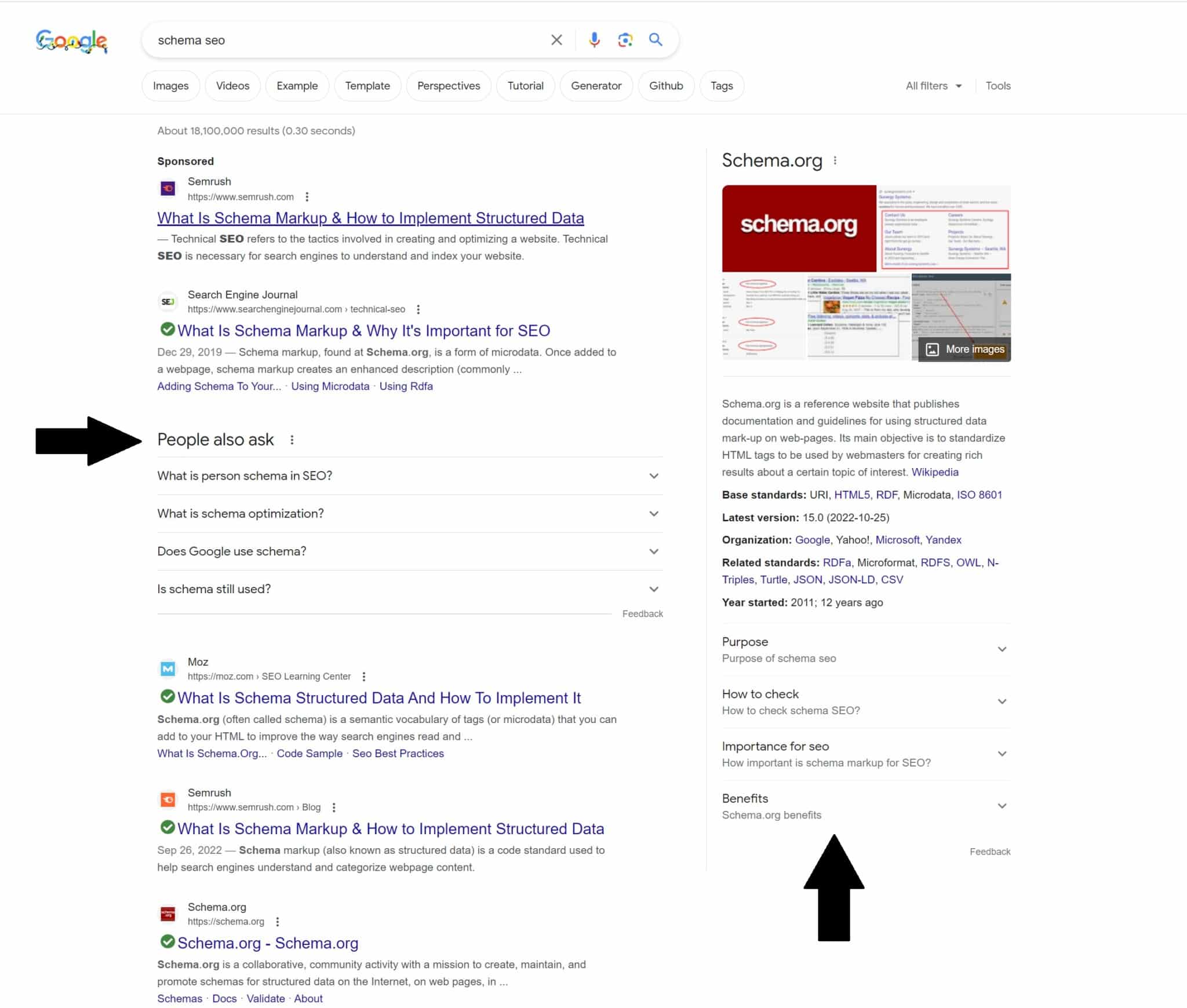 Google search result page with arrows at the People Also Ask and Things To Know.