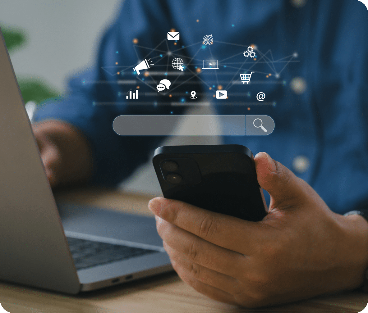 Email, graphs, shopping icons and more icons over a mobile phone and search bar.