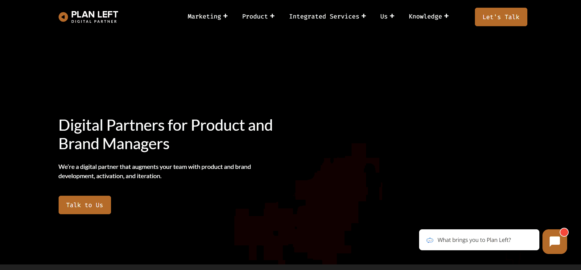Cursor on the Plan Left website navigates through the top-level mega menu items, then sub-menu.