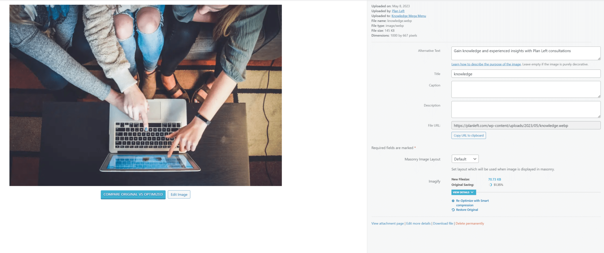 WordPress media file image upload details with Alt Text, Title, and other information boxes showing.