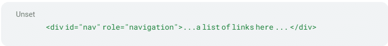 HTML example using ARIA attribute landmark for a list of links on a web page.