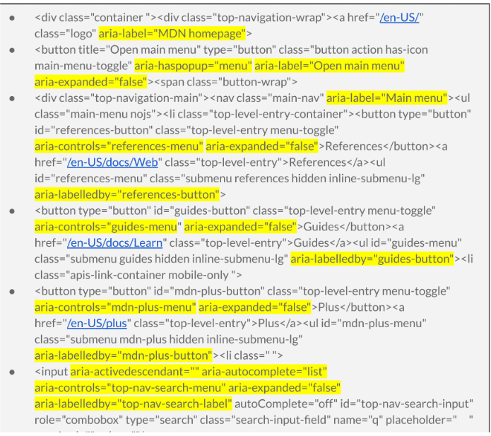 Examples of ARIA attributes being used in the menu of MDN Web Docs website with the aria types highlighted in yellow.