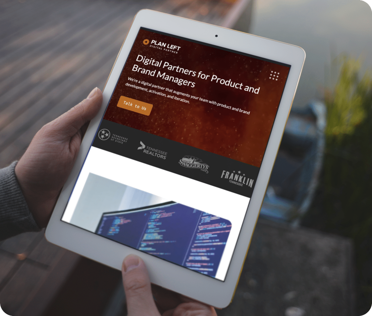 Tablet displaying the Plan Left home page with the Talk to Us button.