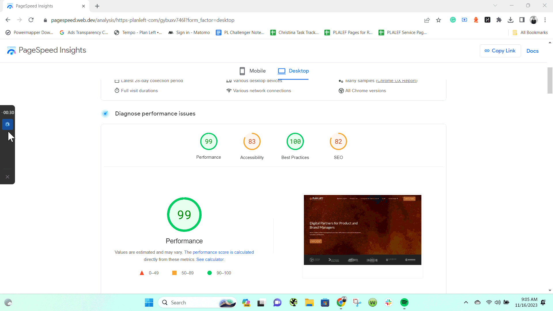 Pagespeed scan of the Plan Left website viewing the accessibility results and score to emphasize scans are not a full reflection of website accessibility.