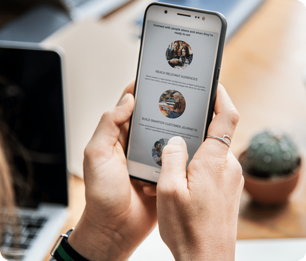 Website page with three circular images and content under them display on a cellphone.
