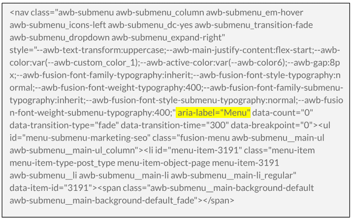 Example of the HTML used on the Plan Left website applying aria-label on the menu.