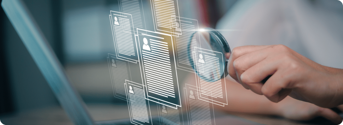 Holographic person icons with lines with a person holding a magnifying glass up to them.