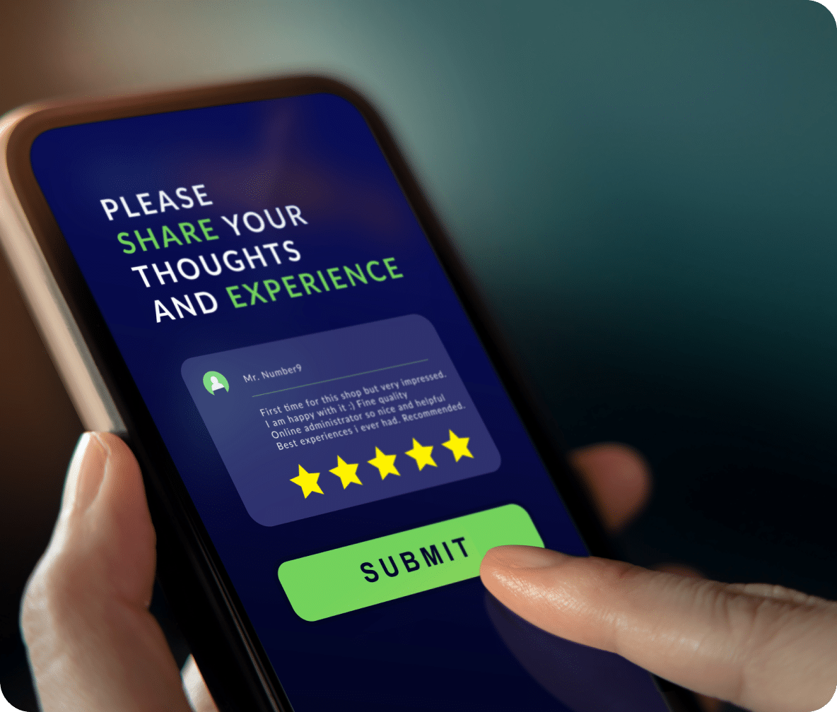 Mobile phone screen shows a review page with someone leaving a five-star review.