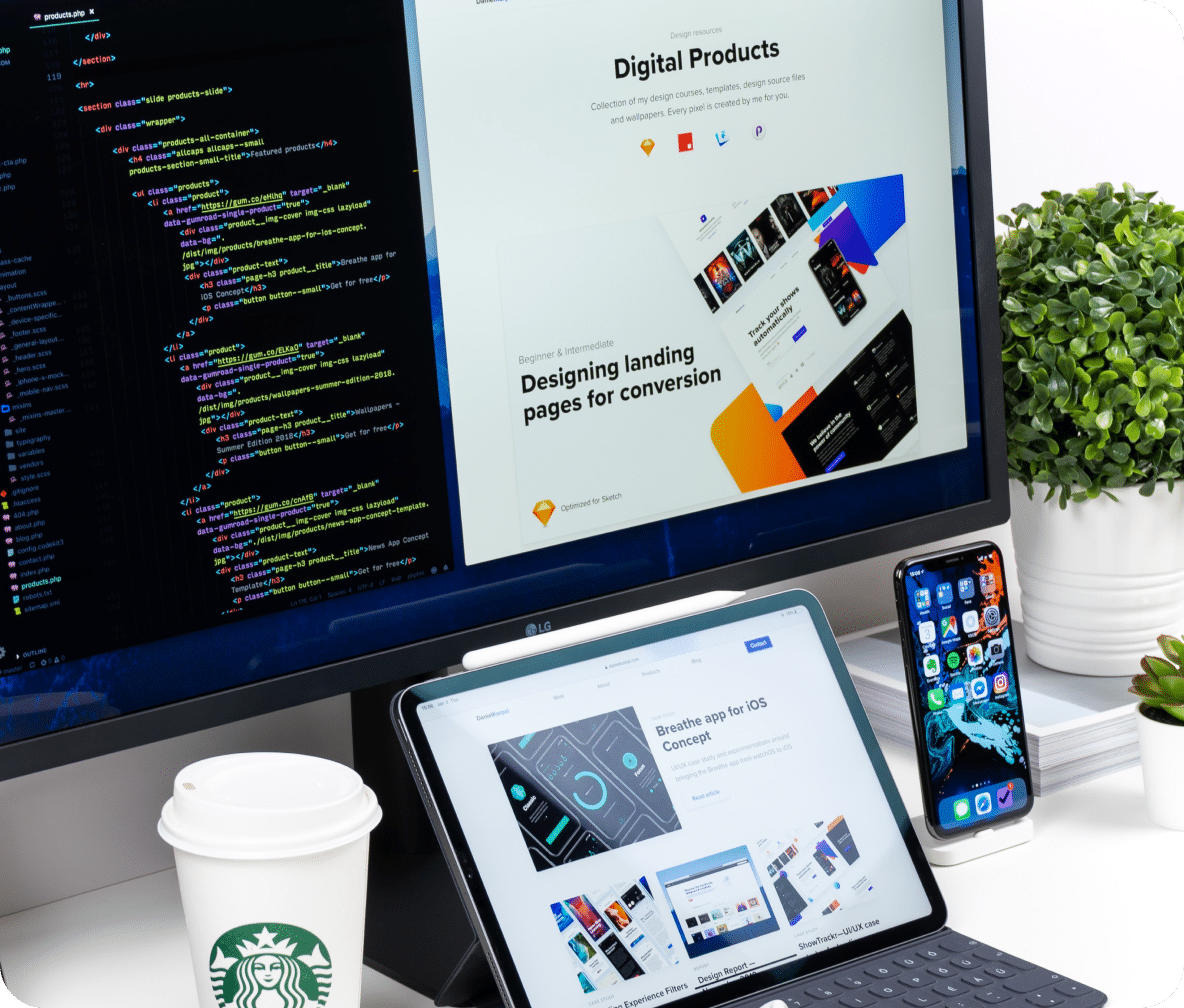 Split screen on a monitor with tablet and mobile phone screens also displaying webpages and apps.