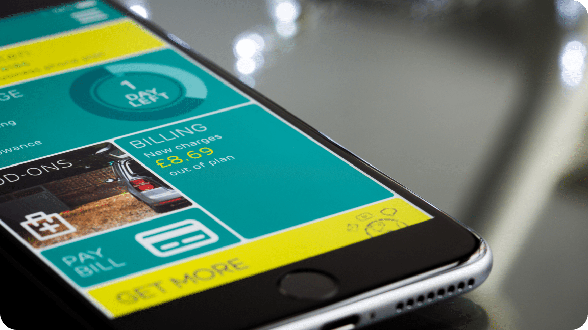 Colorfully laid out homepage on a mobile device with bill payment options.