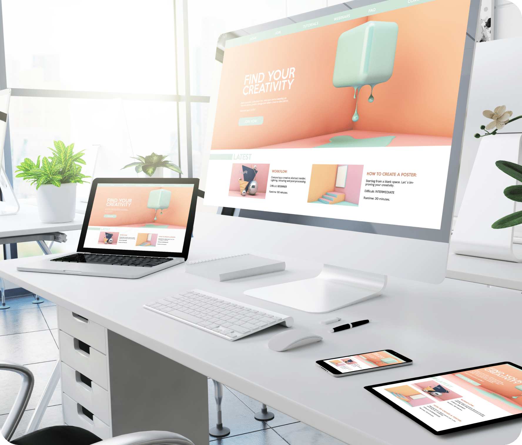 Homepage expame on a monitor, laptop, mobile and tablet for a creativity site.