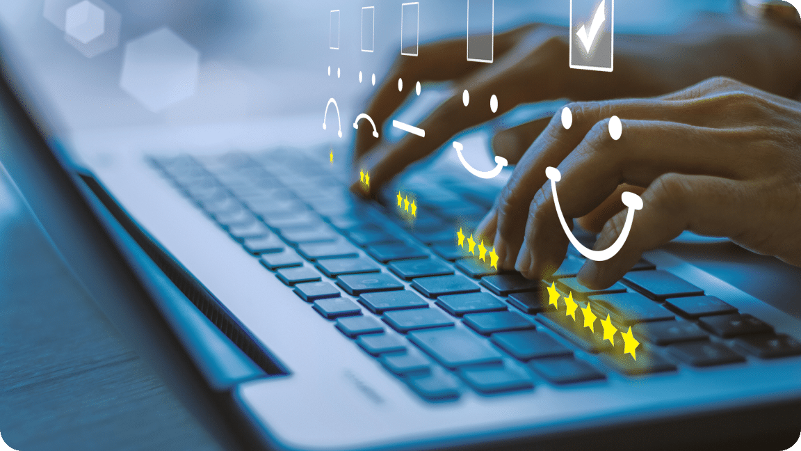 Hands hover over a keyboard with a holographic image of smiley faces with stars representing review scores.