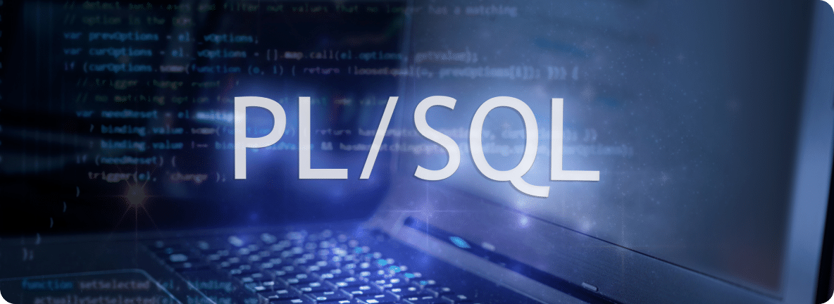 PL/SQL in white font against a blue background of laptop and coding presenting security at the forefront.