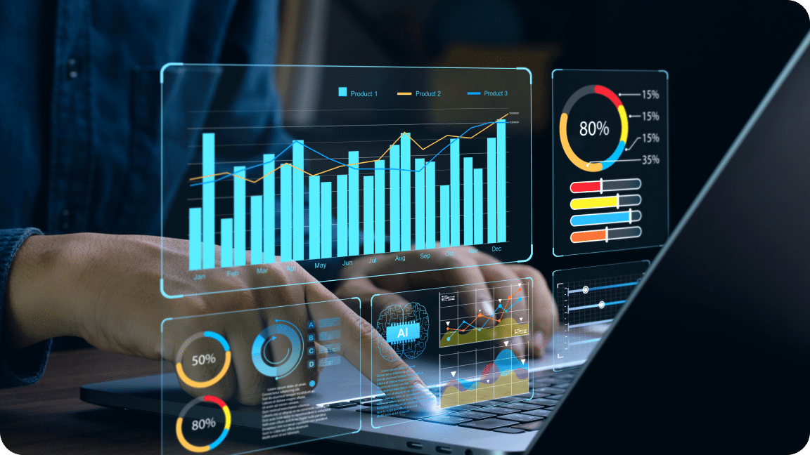 An open laptop with a holographic image of data charts, graphs, and numbers.