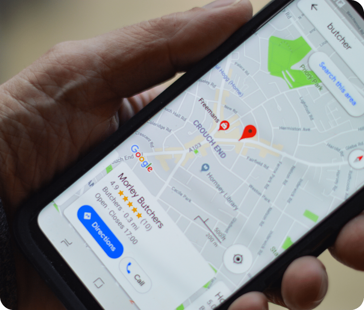 Morley Butchers location showing in maps with the Google My Business review and directions below.