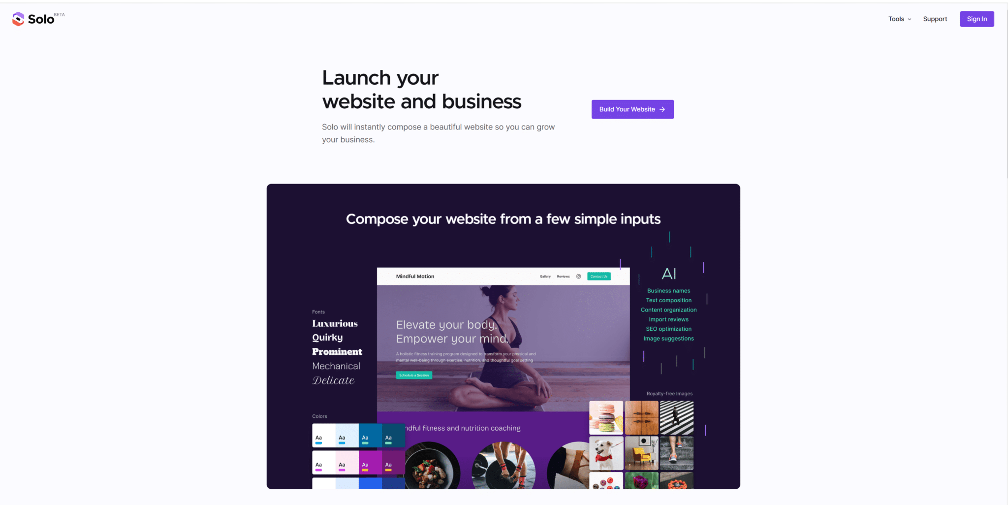 Solo AI Website building homepage. 