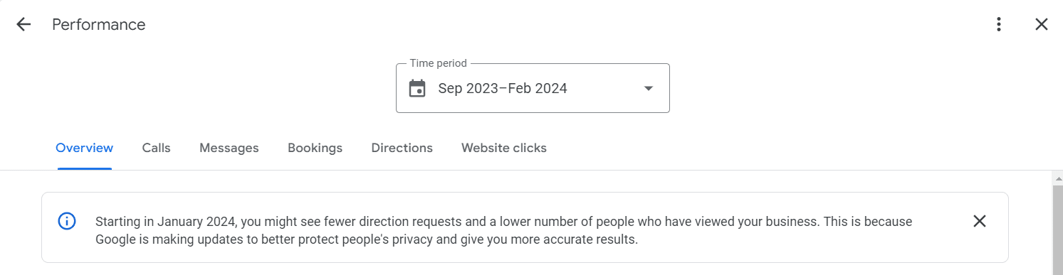 Google My Business alert that starting in January 2024 fewer direction requests may be seen due to a Google update.