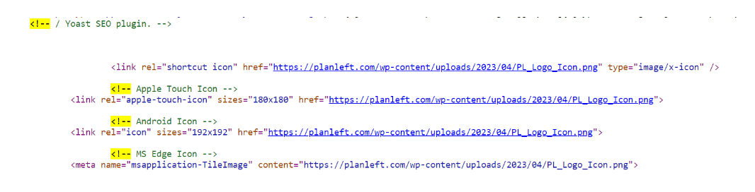 Yoast HTML comment example on the backend of the Plan Left website.