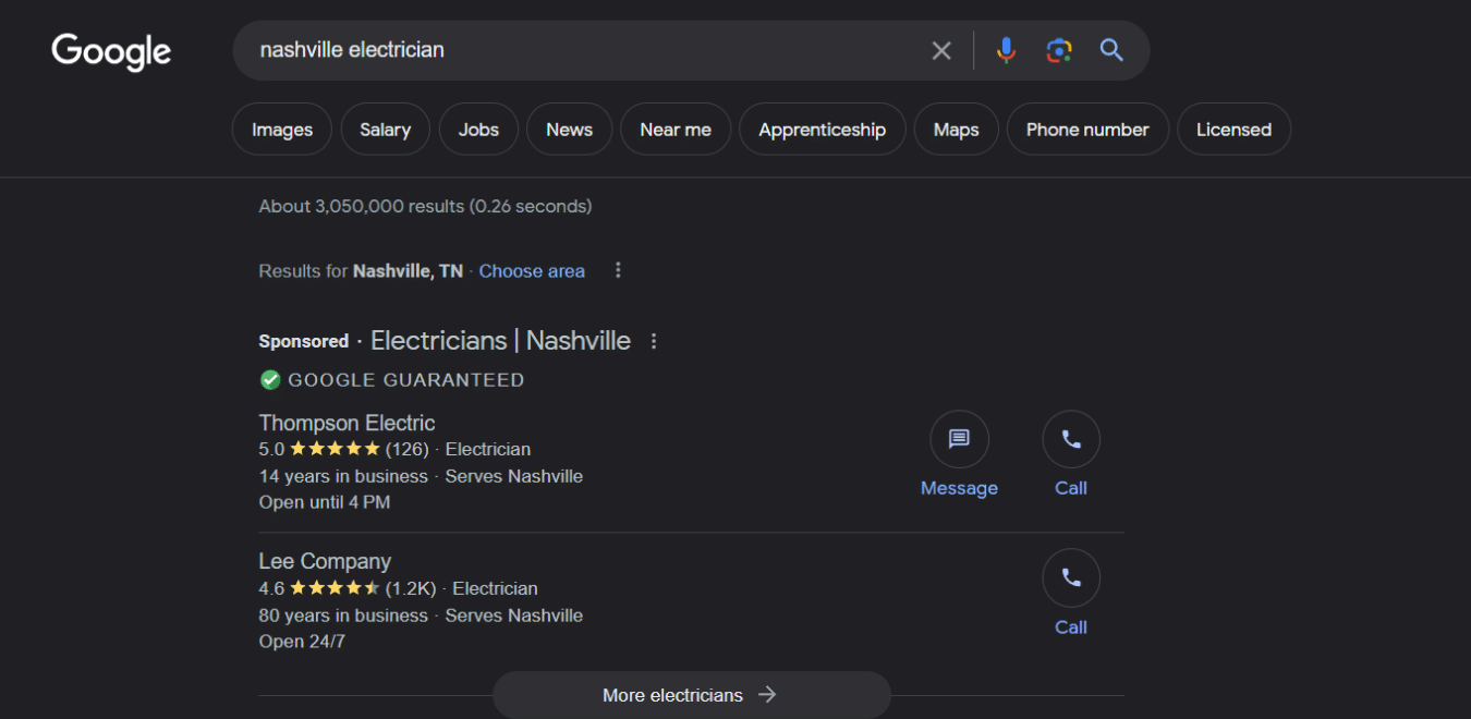 Screenshot of a Google Guaranteed Example
