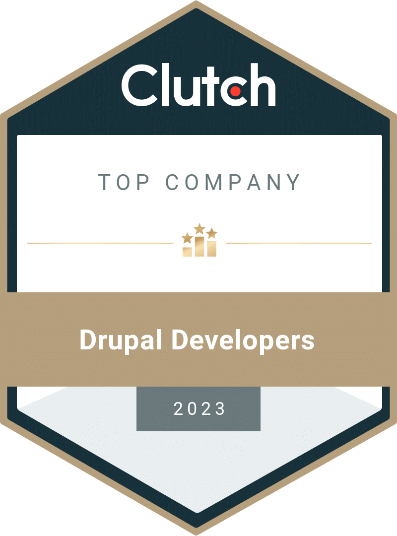 A hexagon badge with "Top Company" and "Drupal Developers 2023" in a mud brown block and Clutch in bold white font at above.