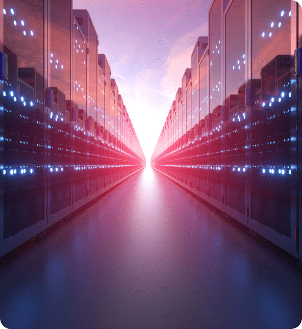 An aisle with rows of large rectangular glass boxes with blue pixie lights inside showing electric panels and comprehensive hosting servers.