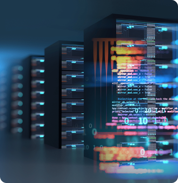 Rows of servers in a data center with overlayed colorful code snippets, representing digital technology and data processing