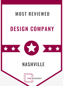 Magenta colored badge for most reviewed design company of Nashville, with magenta stars in a horizontal line at the middle of the badge.