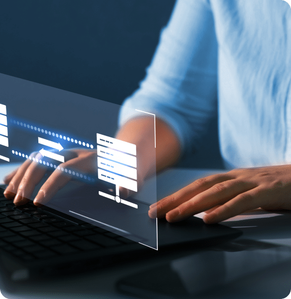 A person on a laptop with a hologram showing transfer depicting ROI-focused hosting.