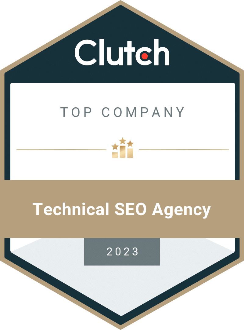 A hexagon badge with "Top Company" and "Technical SEO Agency 2023" in a mud brown block and Clutch in bold white font at above.