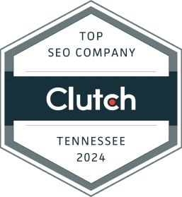 A hexagon badge with "Top SEO Company" and "Tennessee 2024" in bluish-black and a colored block with "Clutch" in white.