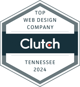 A hexagon badge with "Top Web Design Company" and "Tennessee 2024" in bluish-black and a colored block with "Clutch" in white.