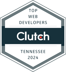 A hexagon badgewith "Top Web Developers" and "Tennessee 2024" in bluish-black and a colored block with "Clutch" in white.