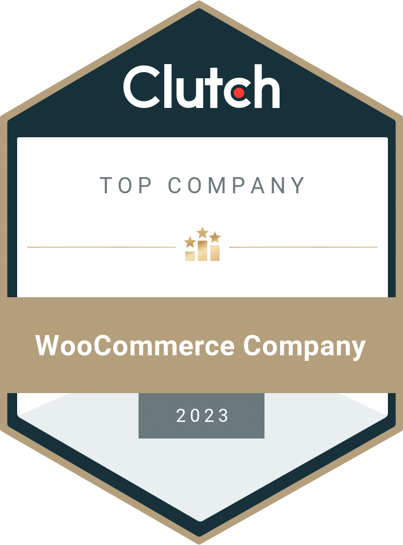 A hexagon badge with "Top Company" and "WooCommerce Company 2023" in a mud brown block and Clutch in bold white font at above.