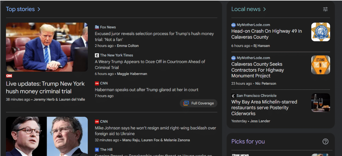 Google News Top Stories and Local News, still showing California local news links.