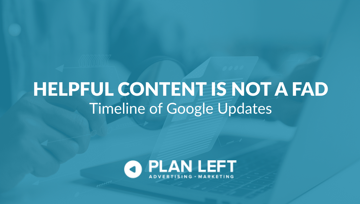 Helpful Content is Not A Fad Timeline of Google Updates in white font with a blue background.