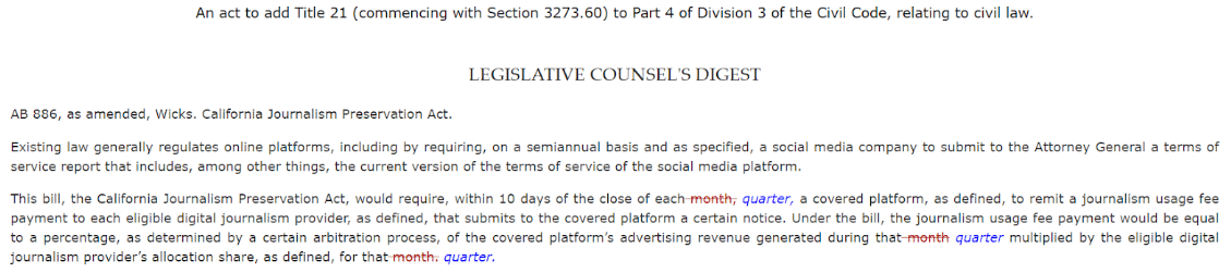 Introduction to the California Journalism Preservation Act Bill, AB 886.