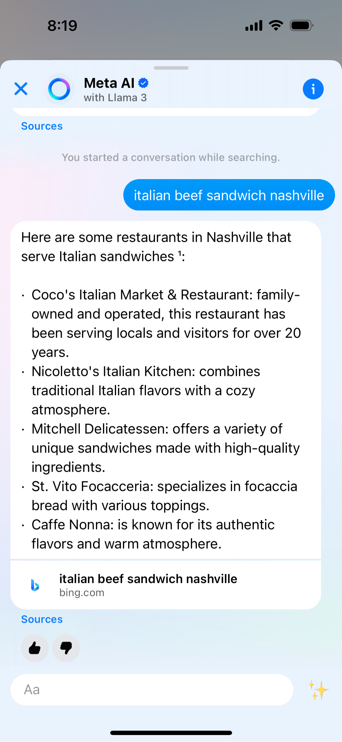 Meta AI response to a question with Bing search results on Facebook Mobile. 