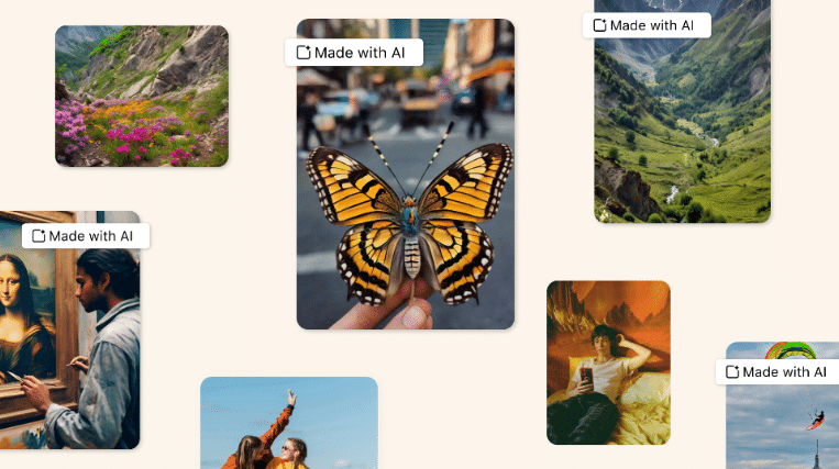 Meta Made with AI Label Examples on a variety of AI-Generated Images.