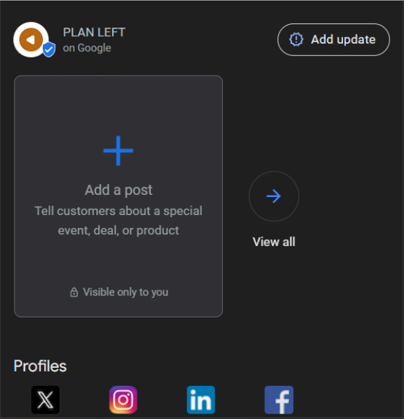 New Add a Post feature on Google My Business profiles just above the social media icons. 