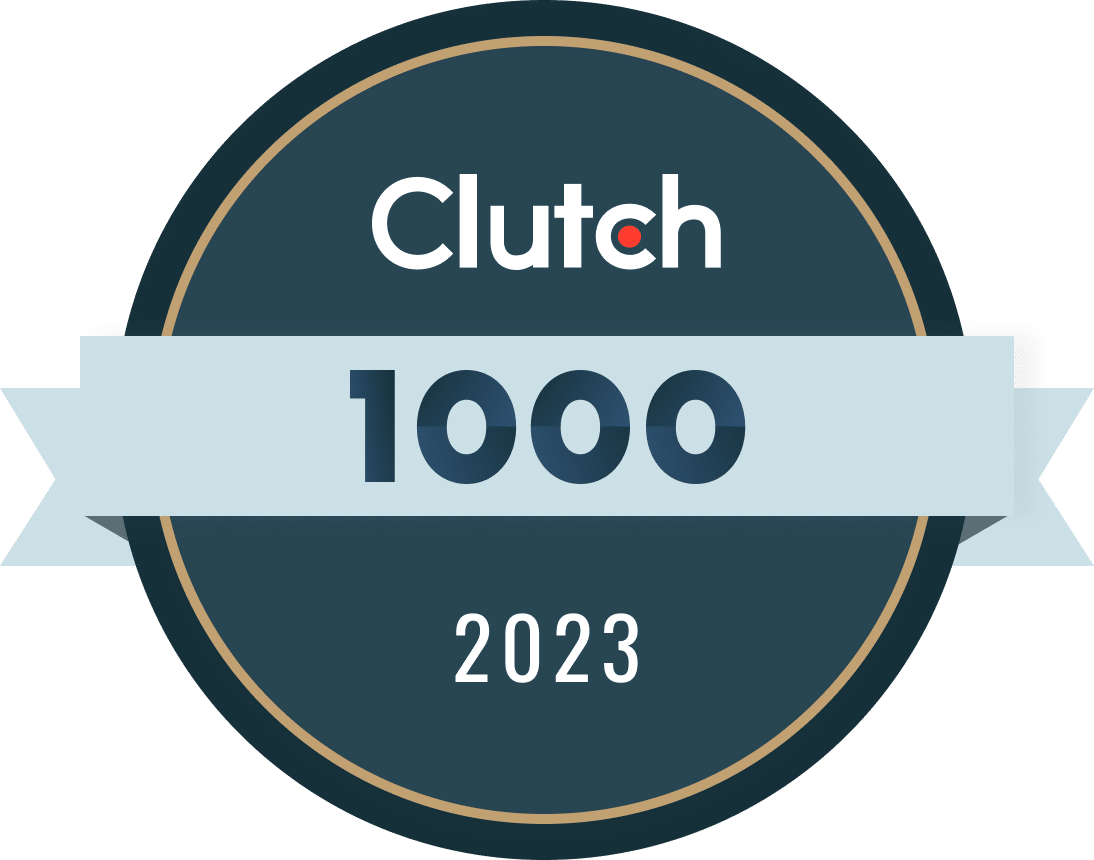 A navy blue circular badge with a Clutch logo at the top, 1000 written in a light blue block and 2023 in white font below it.