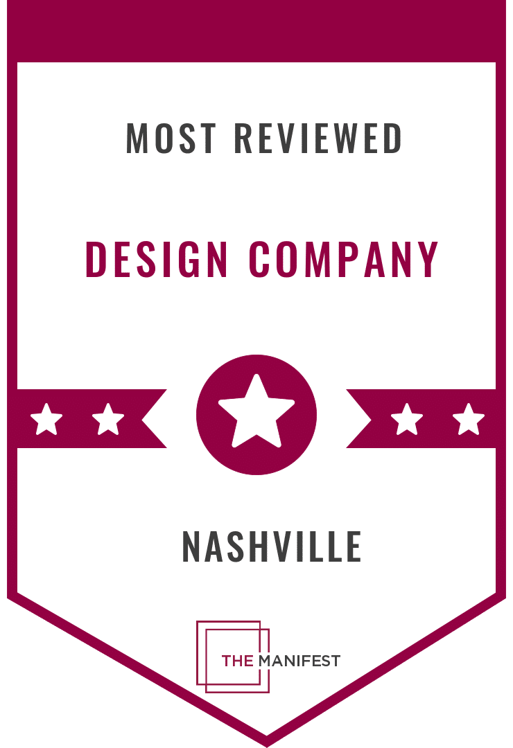 Magenta badge "Most Reviewed Design Company Nashville" written on it with 5 white stars on a magenta strip and "The manifest" at the bottom.