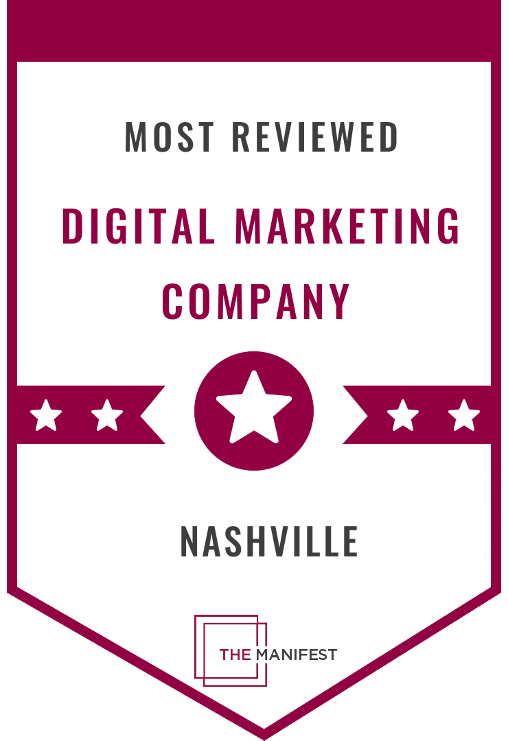 Magenta badge with "Most Reviewed Design Company Nashville" written on it with 5 white stars on a magenta strip and "The manifest" at bottom.