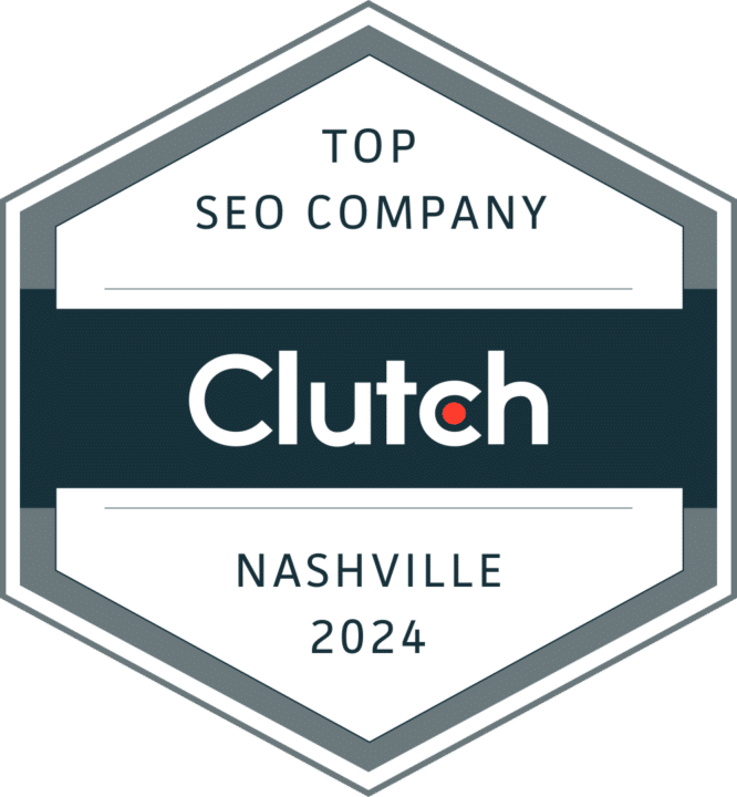 A hexagon badge with "Top SEO Company" and "Nashville 2024" in bluish-black and a colored block with "Clutch" in white.