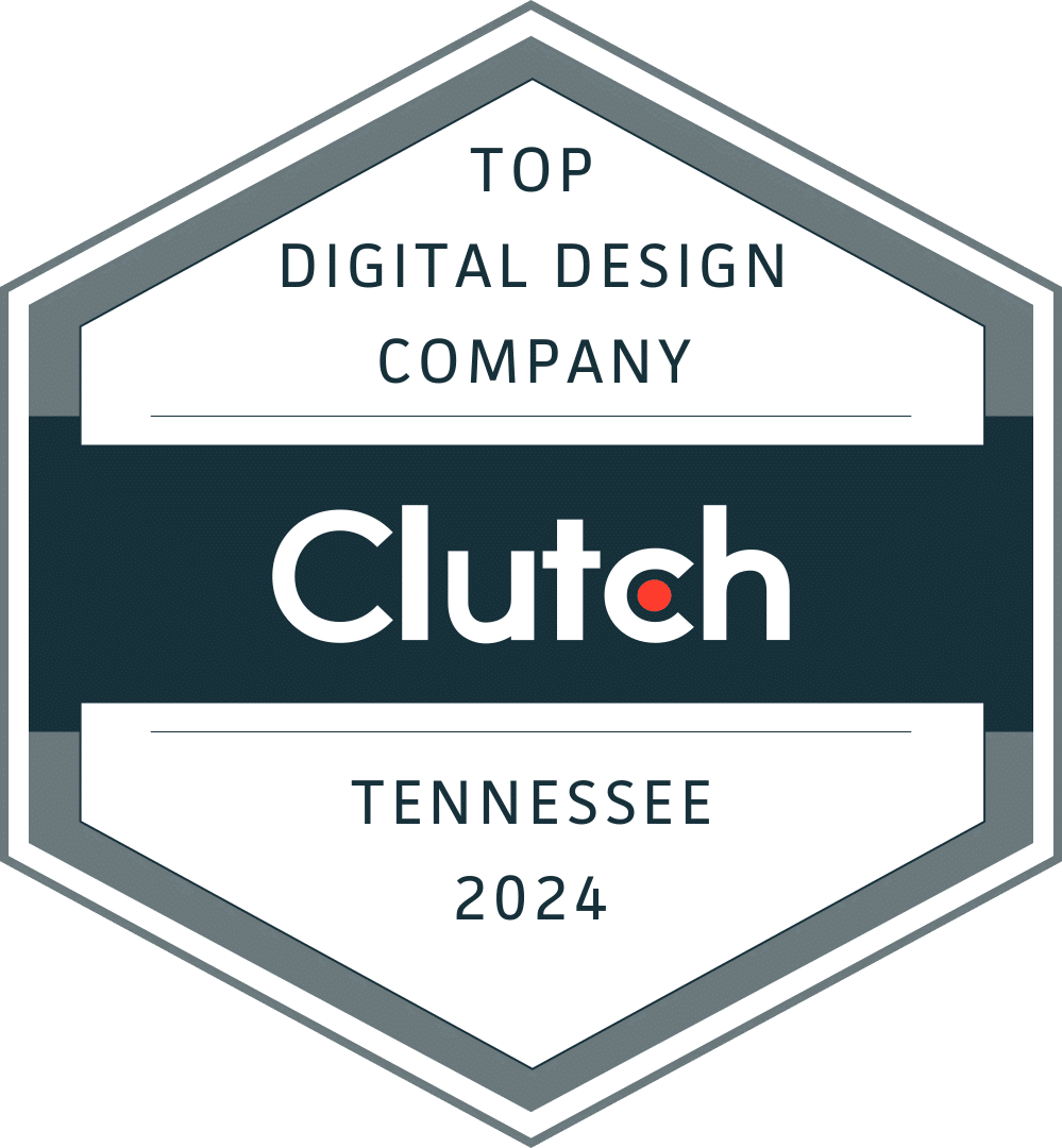 A hexagon badge with "Top Digital Design Company" and "Tennessee 2024" in bluish-black and a colored block with "Clutch" in white.
