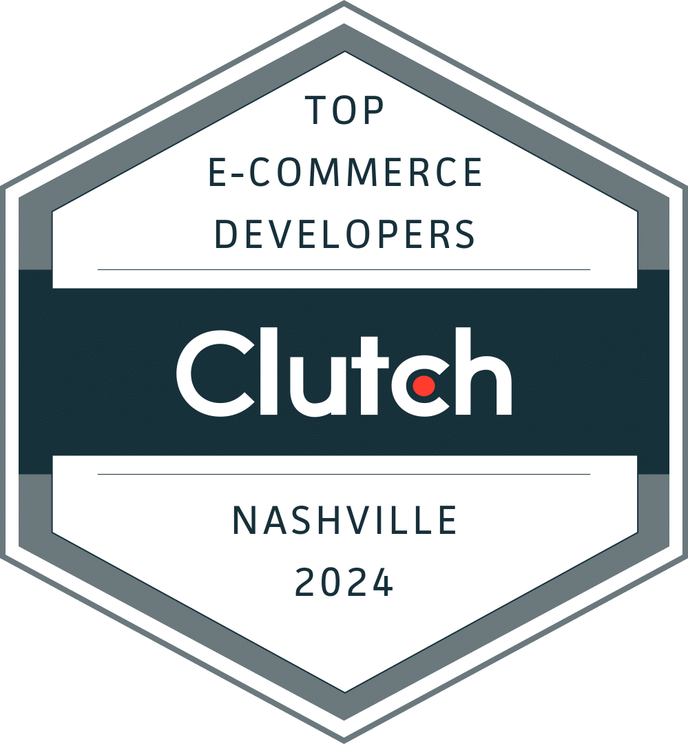 A hexagon badge with "Top E-Commerce Developers" and "Nashville 2024" in bluish-black and a colored block with "Clutch" in white.